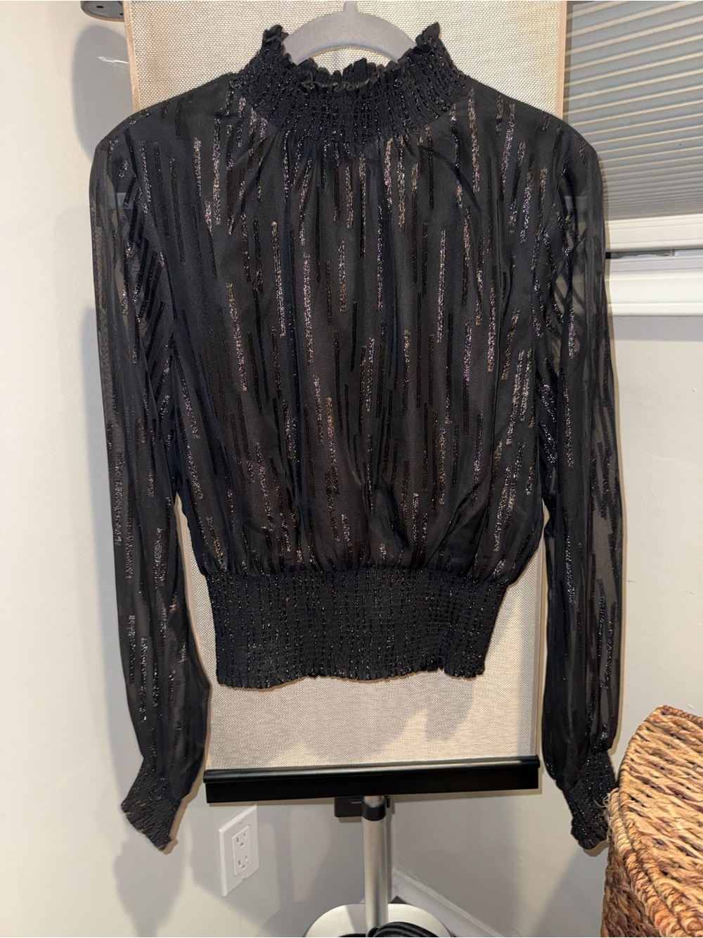 Elan Black Metallic-Striped Smocked Neck Blouse